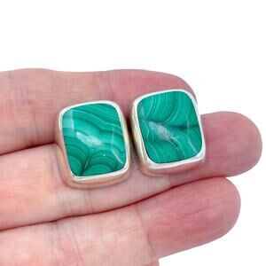 Estate Mexico Sterling Silver 925 Green Malachite Earrings